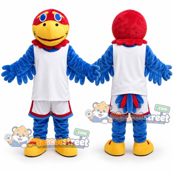 Blue Bird Mascot Costume with White Sports Uniform and Red Cap