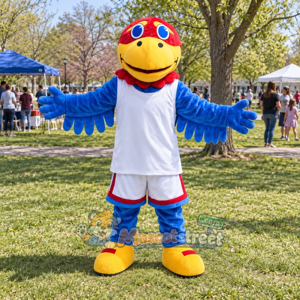 Blue Bird Mascot Costume with White Sports Uniform and Red Cap Blue Bird Mascot Costume with White Sports Uniform and Red Cap
