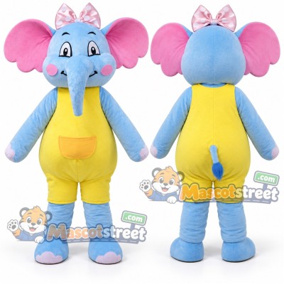 Blue Elephant Mascot Costume with Yellow Overalls and Pink Bow Blue Elephant Mascot Costume with Yellow Overalls and Pink Bow