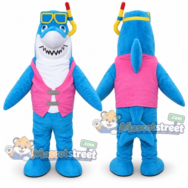 Blue Shark Mascot Costume with Pink Vest and Snorkel Mask
