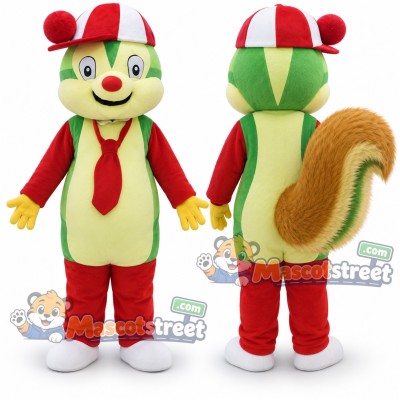 Brown Squirrel Mascot Costume with Red Outfit and Multicolor Cap Brown Squirrel Mascot Costume with Red Outfit and Multicolor Cap