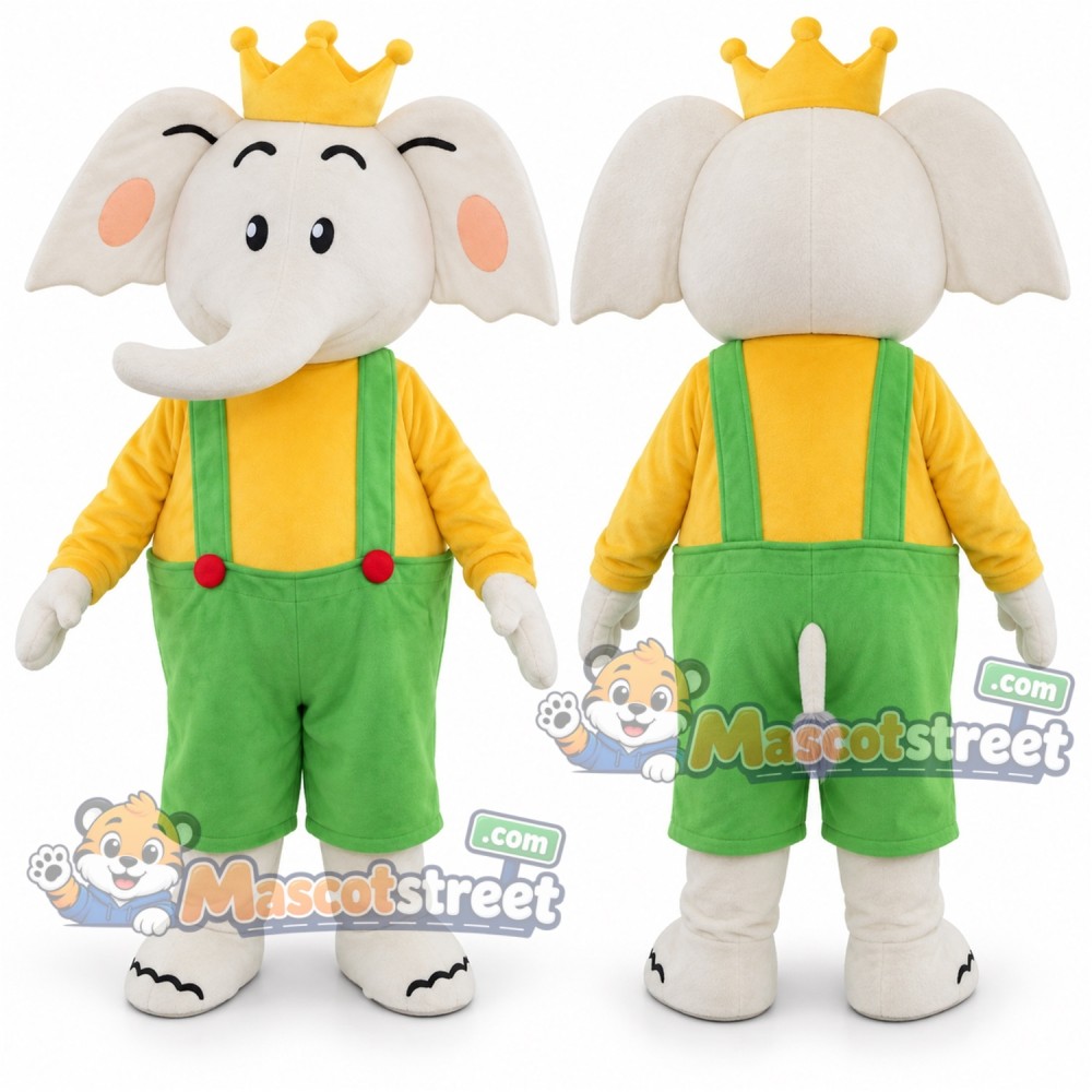 White Elephant Mascot Costume with Yellow Shirt, Green Overalls and Crown