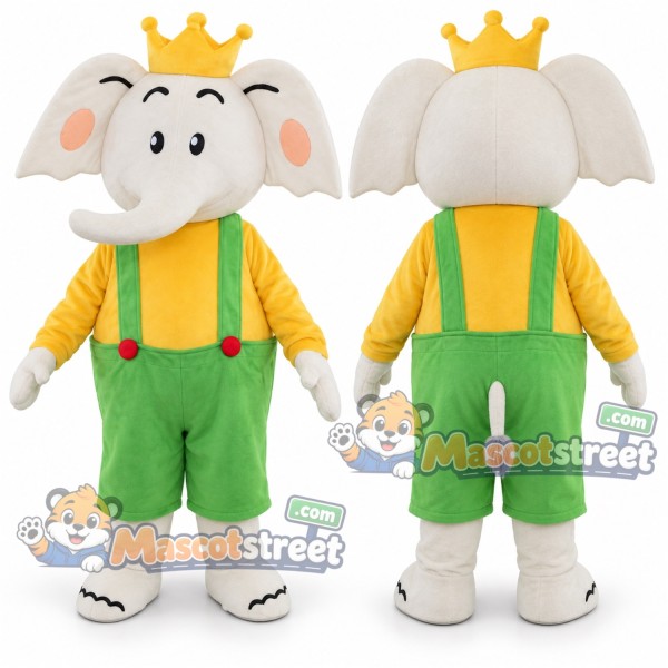 White Elephant Mascot Costume with Yellow Shirt, Green Overalls and Crown