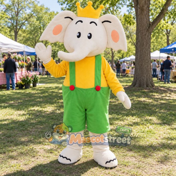 White Elephant Mascot Costume with Yellow Shirt, Green Overalls and Crown