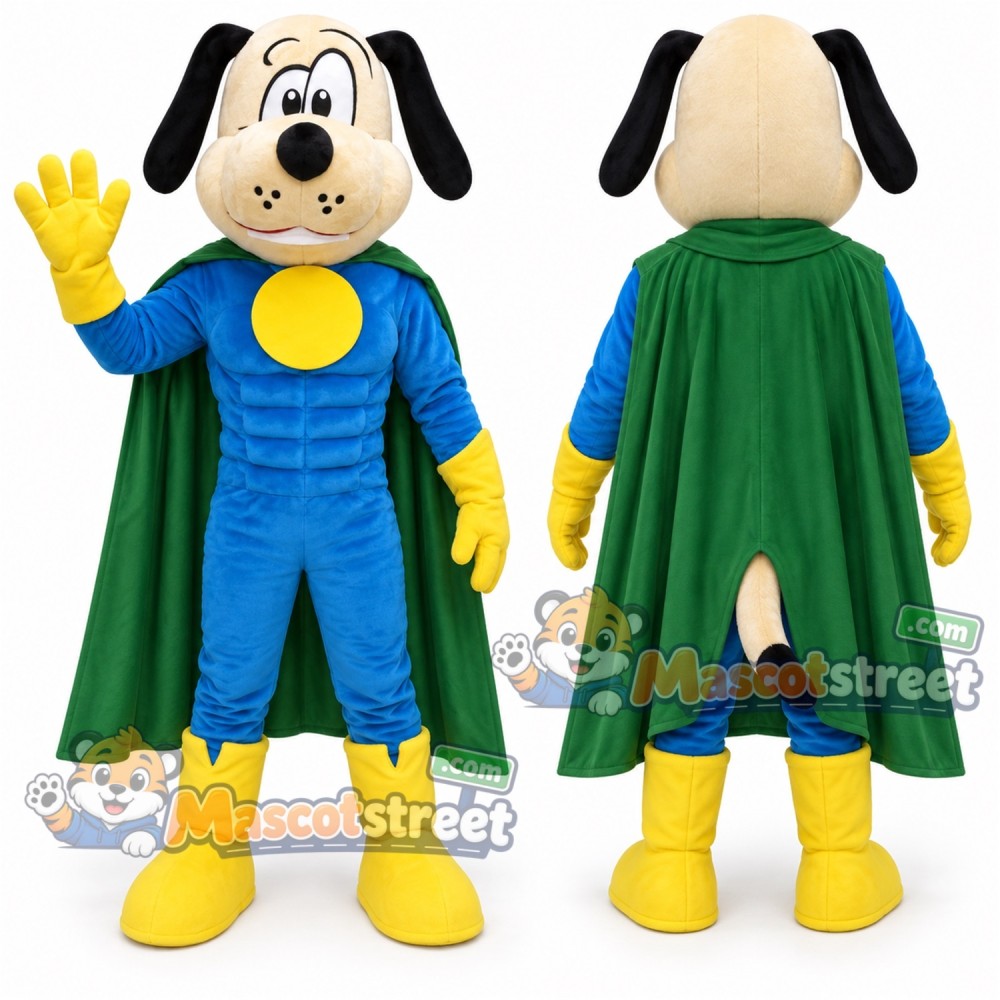 Tan Dog Mascot Costume with Blue Superhero Suit and Green Cape