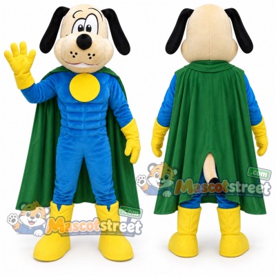 Tan Dog Mascot Costume with Blue Superhero Suit and Green Cape