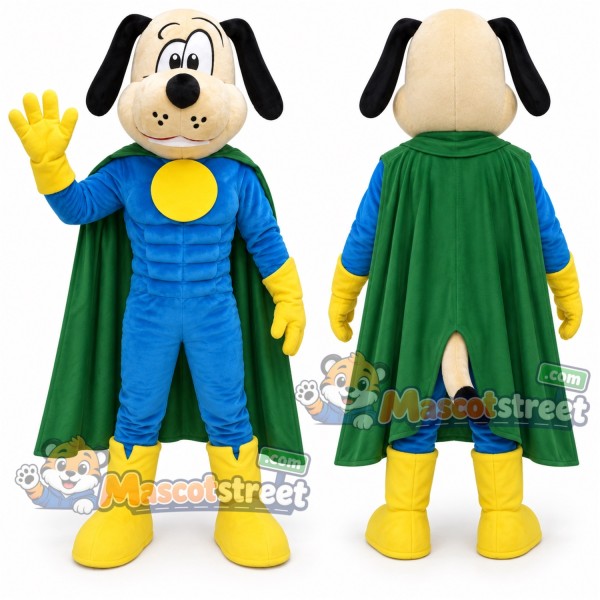 Tan Dog Mascot Costume with Blue Superhero Suit and Green Cape