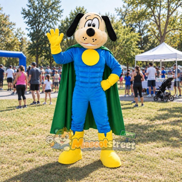 Tan Dog Mascot Costume with Blue Superhero Suit and Green Cape