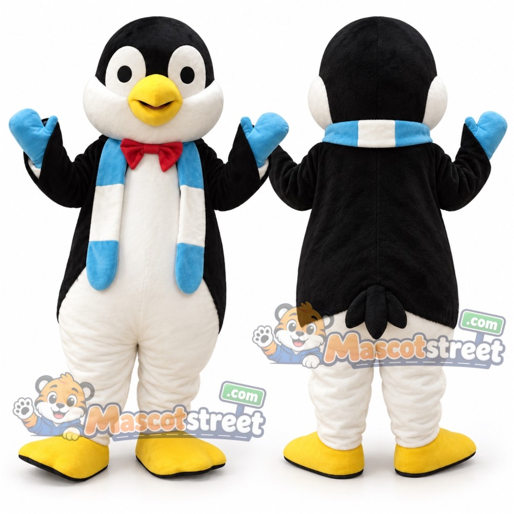 Penguin Mascot Costume with Blue Scarf and Red Bow Tie