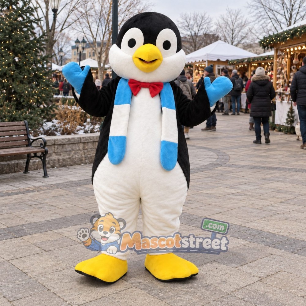 Penguin Mascot Costume with Blue Scarf and Red Bow Tie