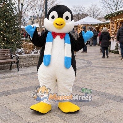 Penguin Mascot Costume with Blue Scarf and Red Bow Tie