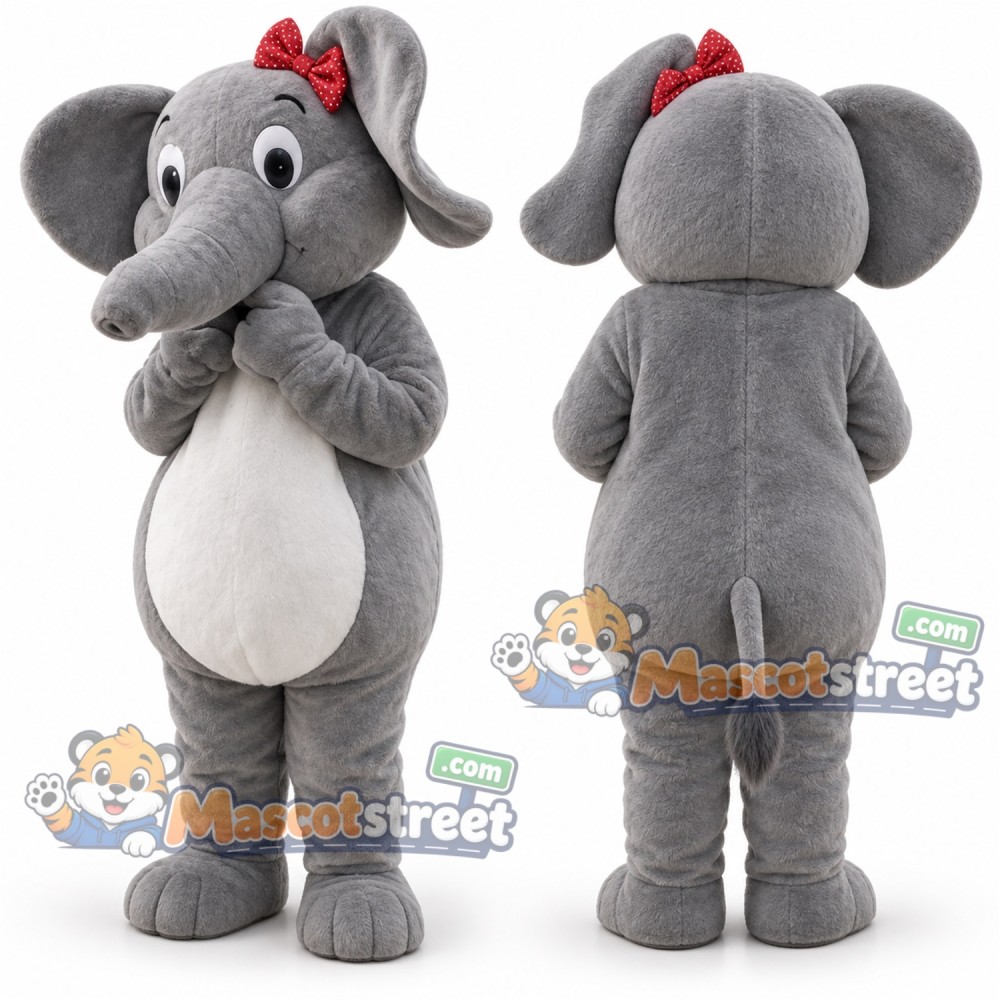 Gray Elephant Mascot Costume with Red Bow