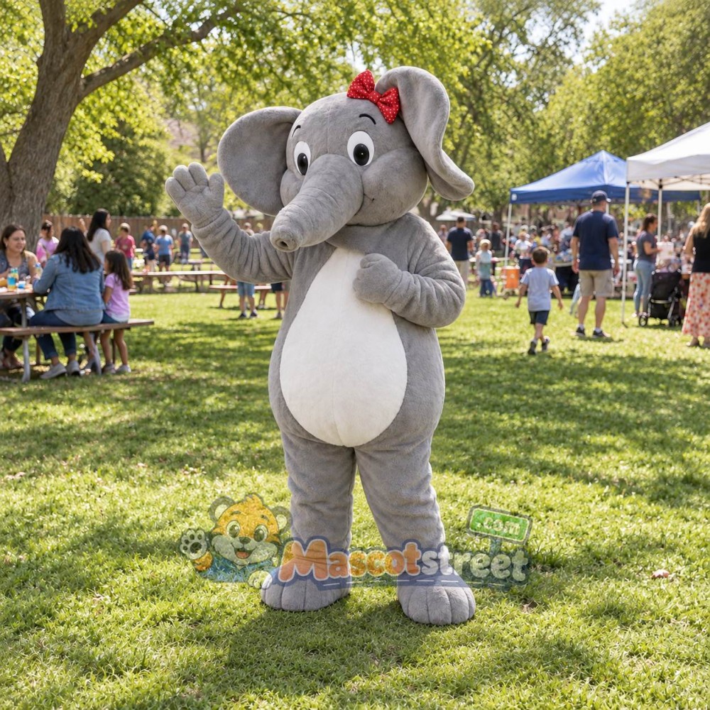 Gray Elephant Mascot Costume with Red Bow