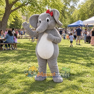 Gray Elephant Mascot Costume with Red Bow