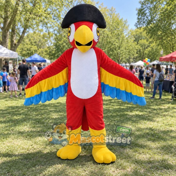 Red Parrot Mascot Costume with Black Pirate Hat