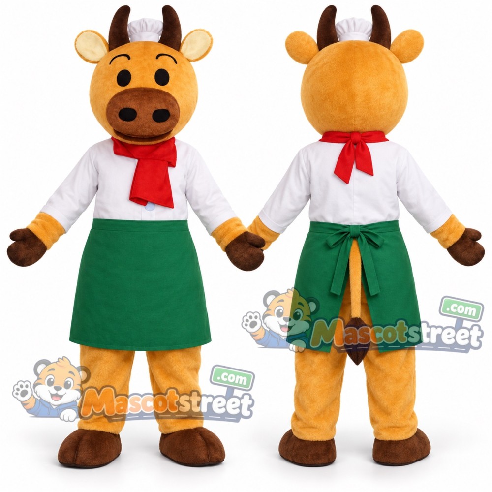 Brown Cow Mascot Costume with White Chef Coat, Green Apron and Red Scarf