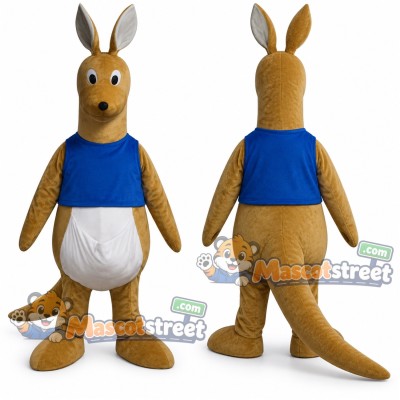 Tan Kangaroo Mascot Costume with Blue Vest Tan Kangaroo Mascot Costume with Blue Vest