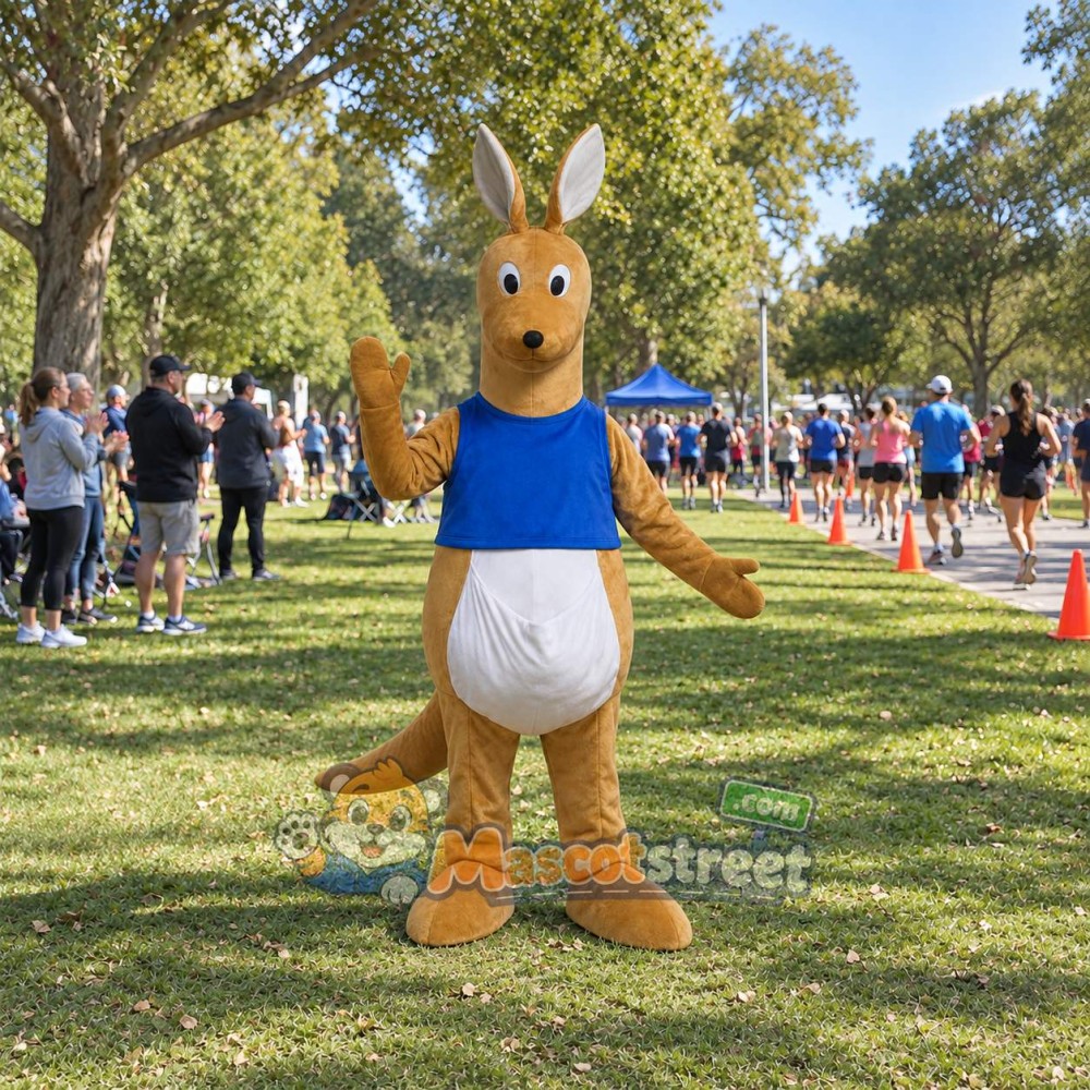 Tan Kangaroo Mascot Costume with Blue Vest
