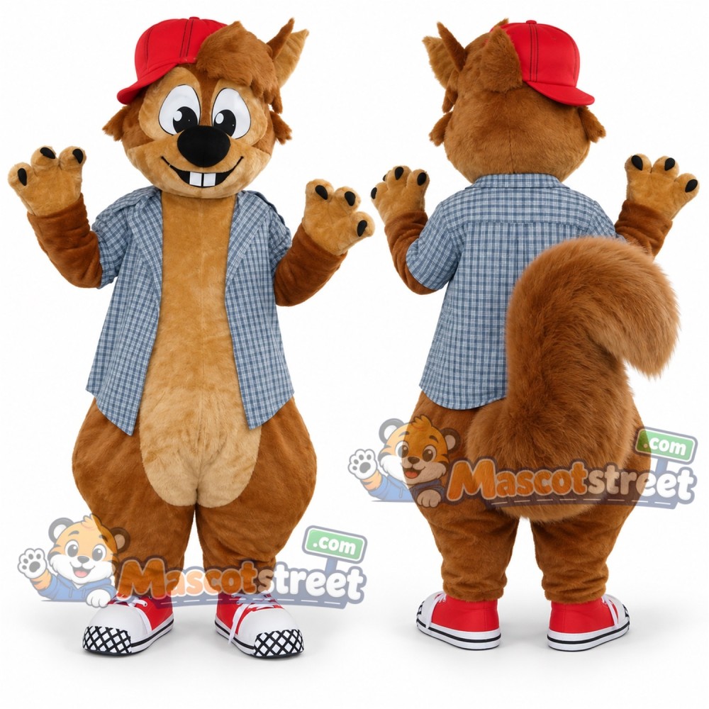 Brown Squirrel Mascot Costume with Blue Vest and Red Cap Brown Squirrel Mascot Costume with Blue Vest and Red Cap