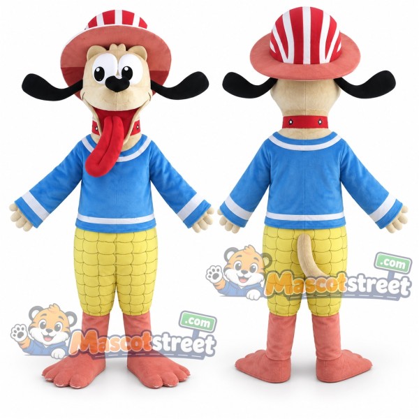 Black and White Dog Mascot Costume with Blue Shirt, Yellow Shorts and Striped Hat