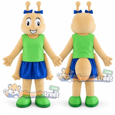Tan Ant Mascot Costume with Green Vest and Blue Shorts