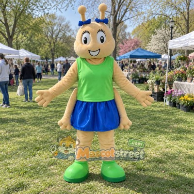 Tan Ant Mascot Costume with Green Vest and Blue Shorts