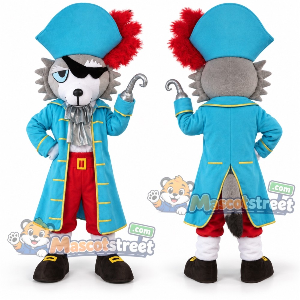 Gray Wolf Mascot Costume with Blue Pirate Coat and Hat