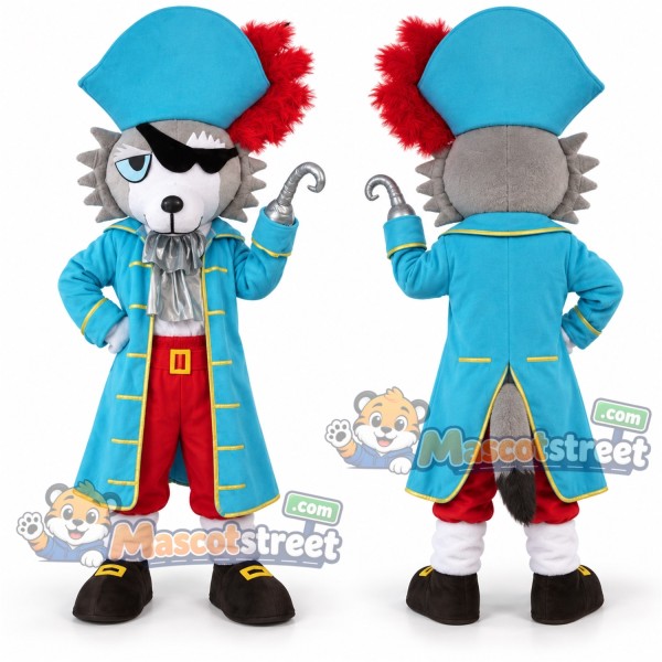 Gray Wolf Mascot Costume with Blue Pirate Coat and Hat