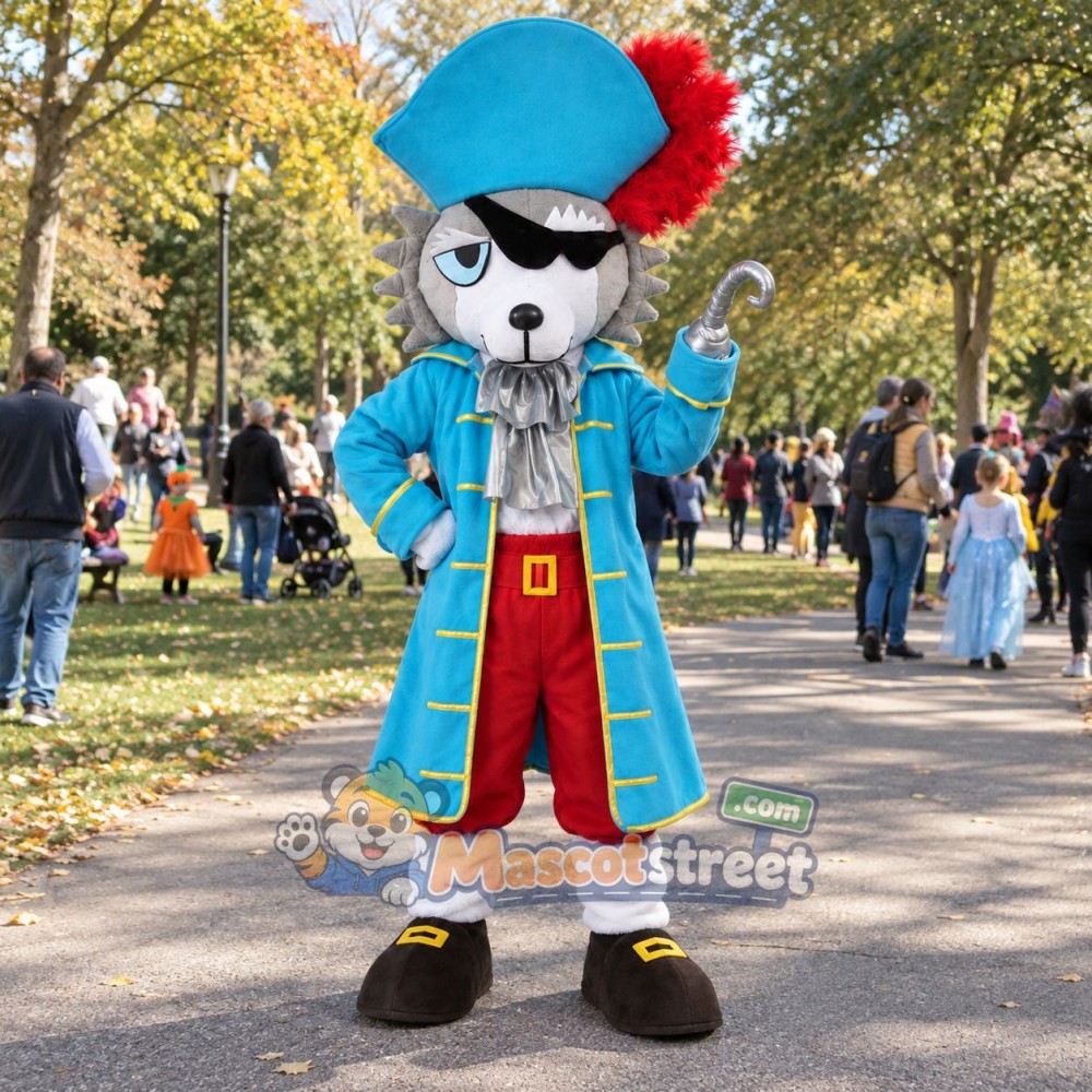 Gray Wolf Mascot Costume with Blue Pirate Coat and Hat