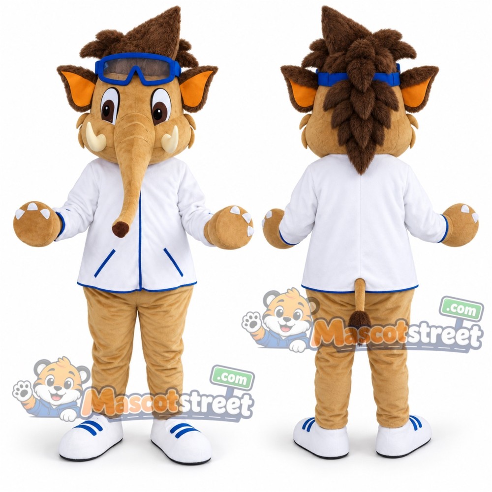 Tan Elephant Mascot Costume with White Coat and Sunglasses Tan Elephant Mascot Costume with White Coat and Sunglasses