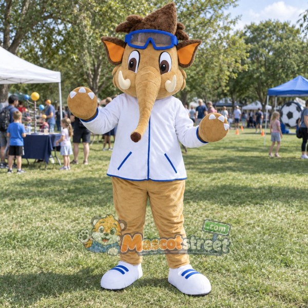 Tan Elephant Mascot Costume with White Coat and Sunglasses