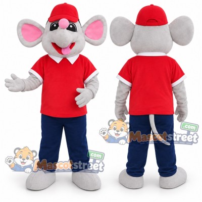 Gray Mouse Mascot Costume with Red Shirt, Navy Trousers and Red Cap Gray Mouse Mascot Costume with Red Shirt, Navy Trousers and Red Cap