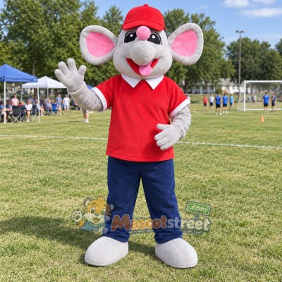 Gray Mouse Mascot Costume with Red Shirt, Navy Trousers and Red Cap