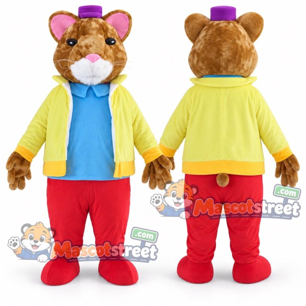 Brown Hamster Mascot Costume with Yellow Jacket, Blue Shirt and Red Trousers