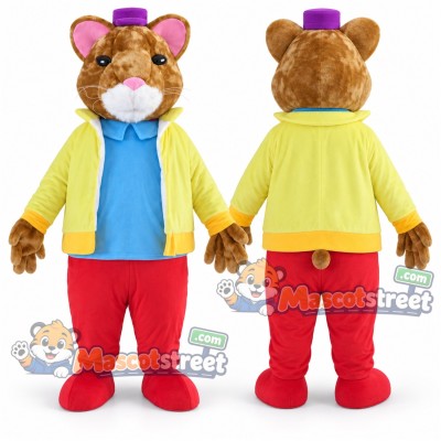 Brown Hamster Mascot Costume with Yellow Jacket, Blue Shirt and Red Trousers