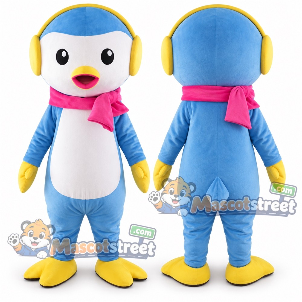 Blue Penguin Mascot Costume with Pink Scarf and Yellow Earmuffs