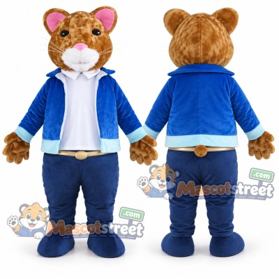 Brown Hamster Mascot Costume with Blue Jacket, White Shirt and Navy Trousers