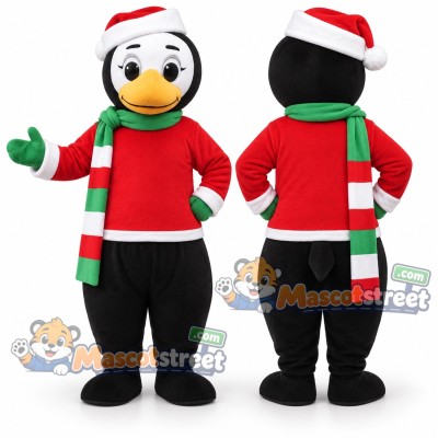 Penguin Mascot Costume with Red Shirt, Green Scarf and Santa Hat Penguin Mascot Costume with Red Shirt, Green Scarf and Santa Hat