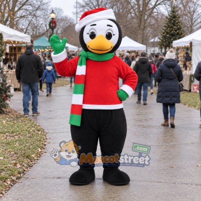 Penguin Mascot Costume with Red Shirt, Green Scarf and Santa Hat