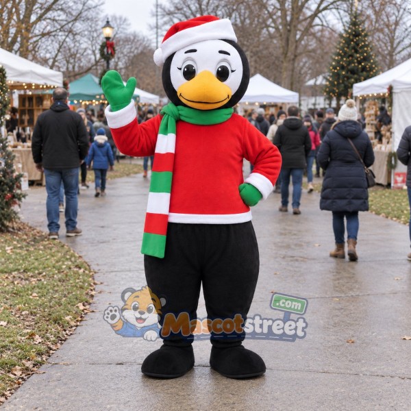 Penguin Mascot Costume with Red Shirt, Green Scarf and Santa Hat