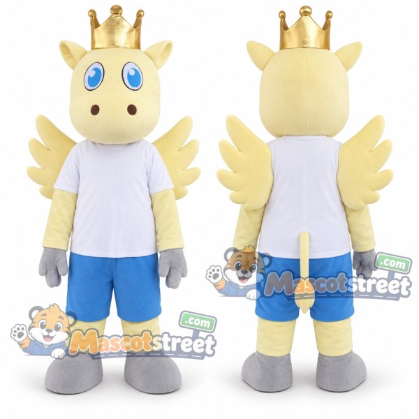 Cream Cow Mascot Costume with White Shirt, Blue Shorts, Wings and Crown