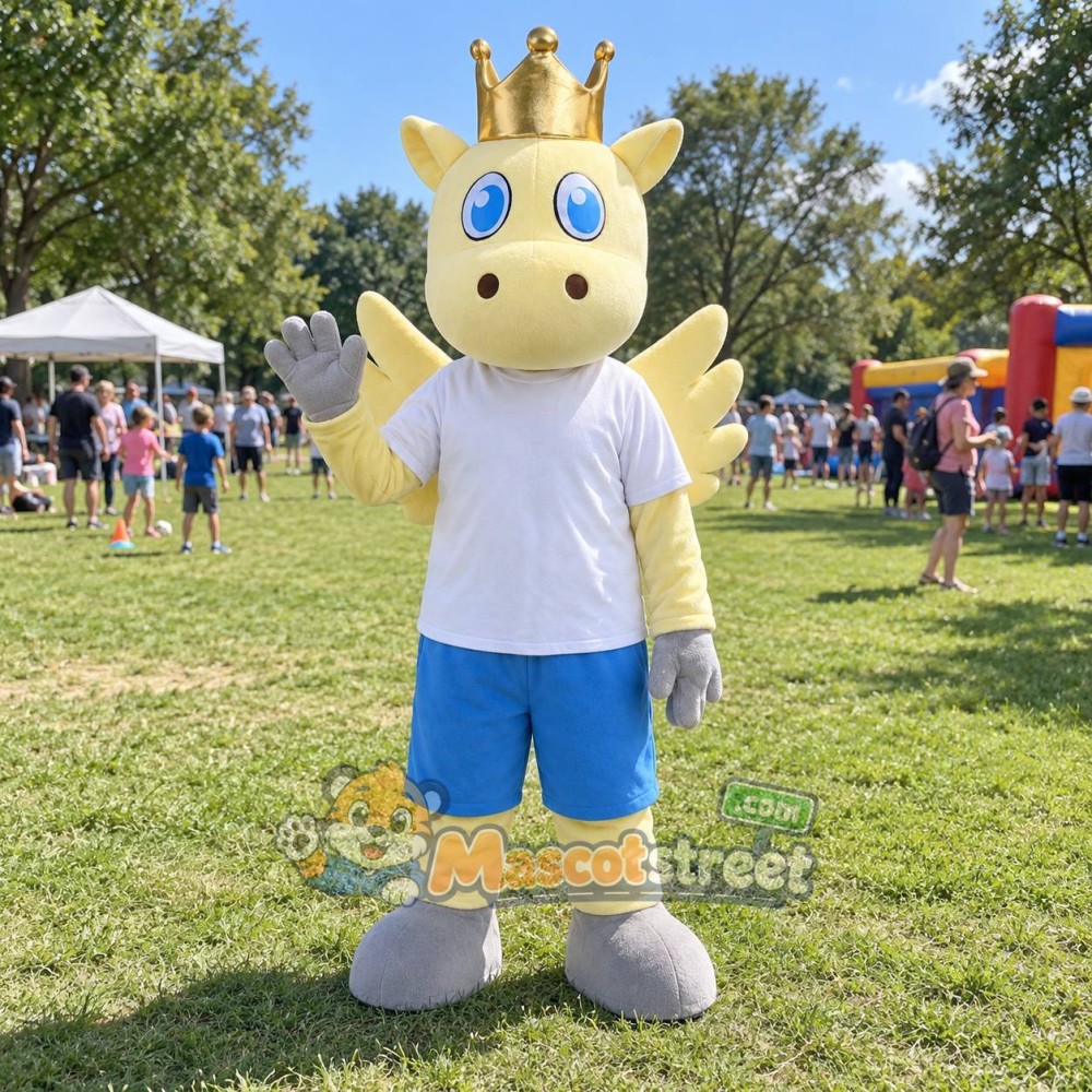 Cream Cow Mascot Costume with White Shirt, Blue Shorts, Wings and Crown Cream Cow Mascot Costume with White Shirt, Blue Shorts, Wings and Crown