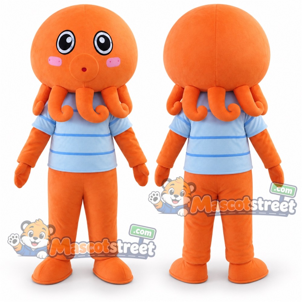 Orange Octopus Mascot Costume with Blue Striped Shirt Orange Octopus Mascot Costume with Blue Striped Shirt