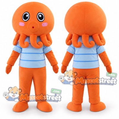 Orange Octopus Mascot Costume with Blue Striped Shirt Orange Octopus Mascot Costume with Blue Striped Shirt