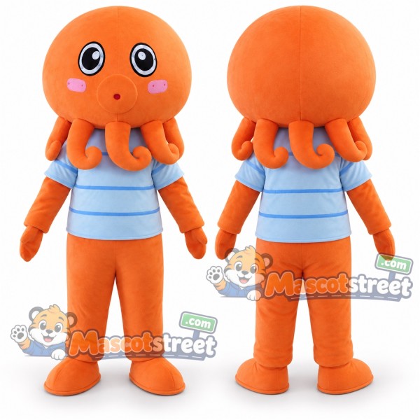 Orange Octopus Mascot Costume with Blue Striped Shirt