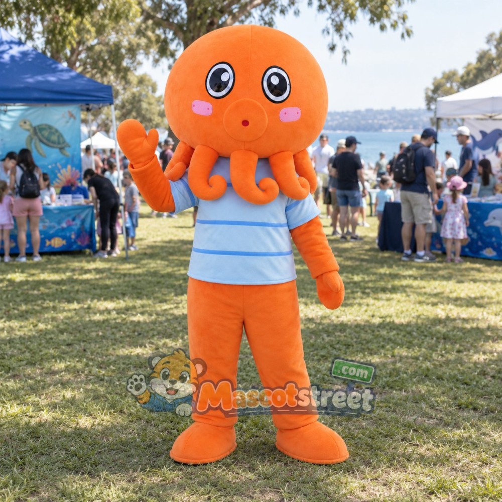 Orange Octopus Mascot Costume with Blue Striped Shirt