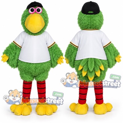 Green Parrot Mascot Costume with White Shirt and Black Cap