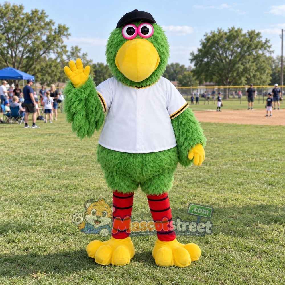 Green Parrot Mascot Costume with White Shirt and Black Cap Green Parrot Mascot Costume with White Shirt and Black Cap