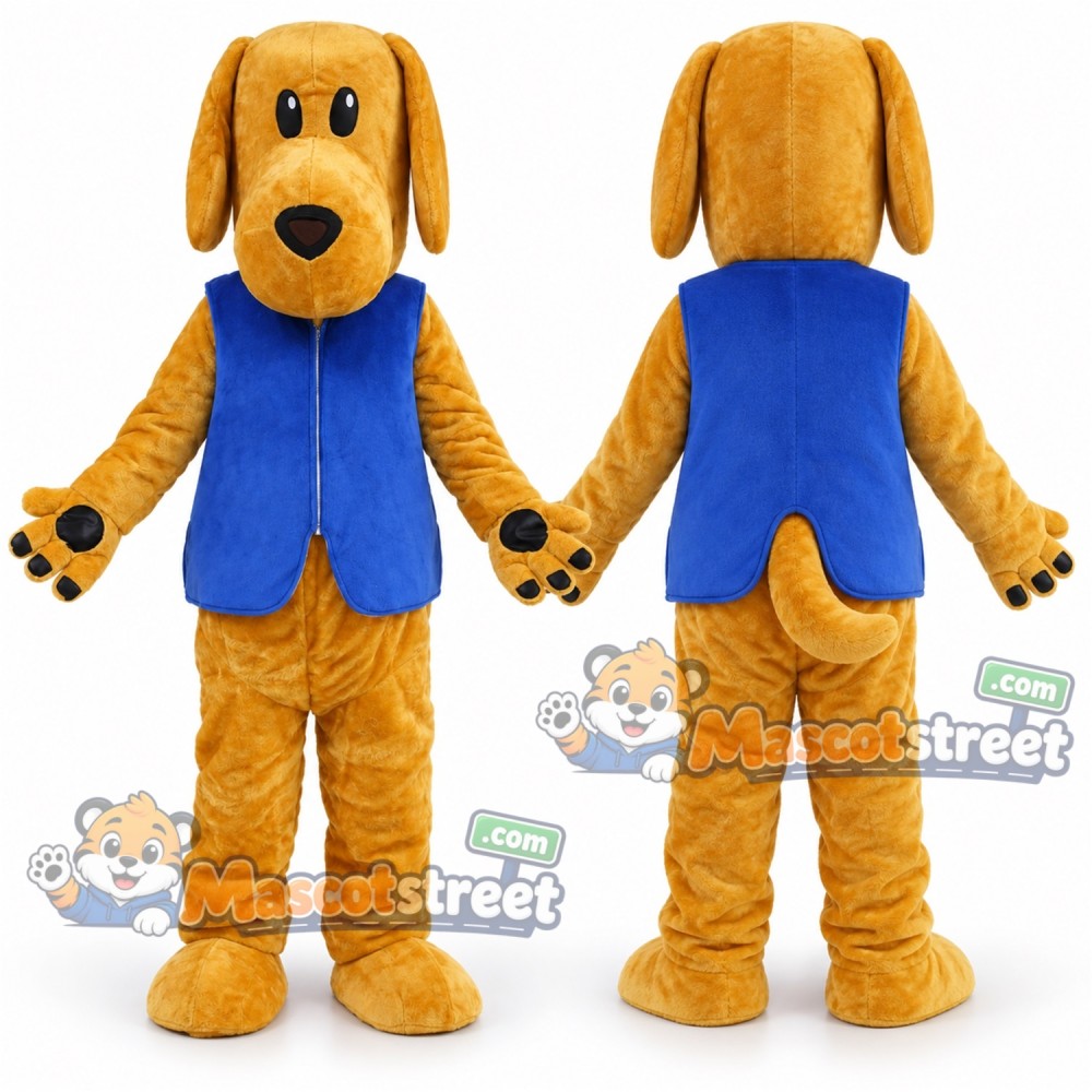 Tan Dog Mascot Costume with Blue Vest Tan Dog Mascot Costume with Blue Vest