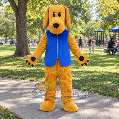 Tan Dog Mascot Costume with Blue Vest Tan Dog Mascot Costume with Blue Vest